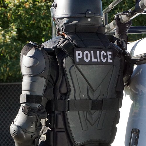 Police officer in riot gear: hard-shell body armour marked POLICE, with shoulder, arm and leg protection